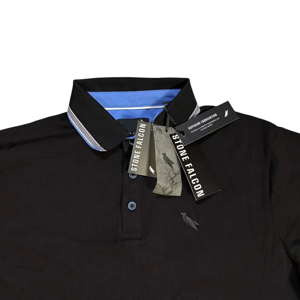 Stone Falcon Mens Black Marina Blue Tipped Polo Shirt SFTS-23010 Medium‎ NWT
